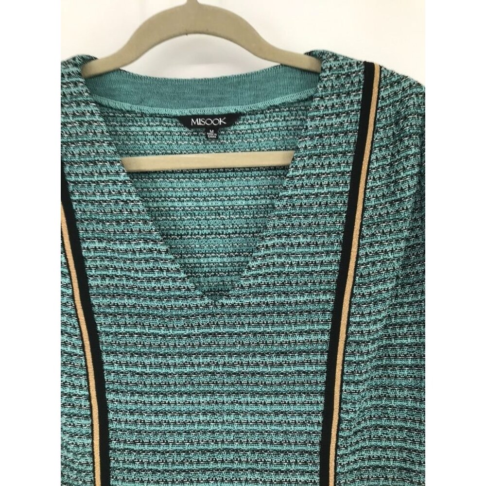Misook Womens Green Knit Short Sleeve V-Neck Dress size medium Gold embellished - Picture 8 of 15